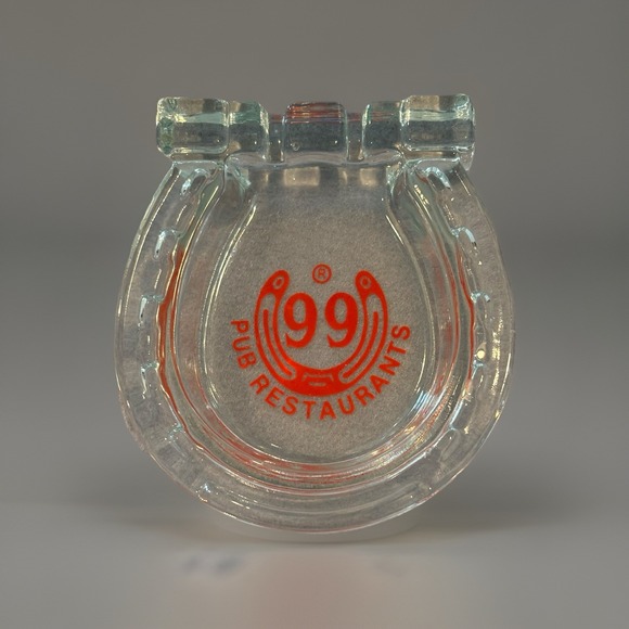Vintage 99 Pub Restaurants Horseshoe Glass Ashtray Clear with Red Logo 4.5"x4" - Picture 1 of 8